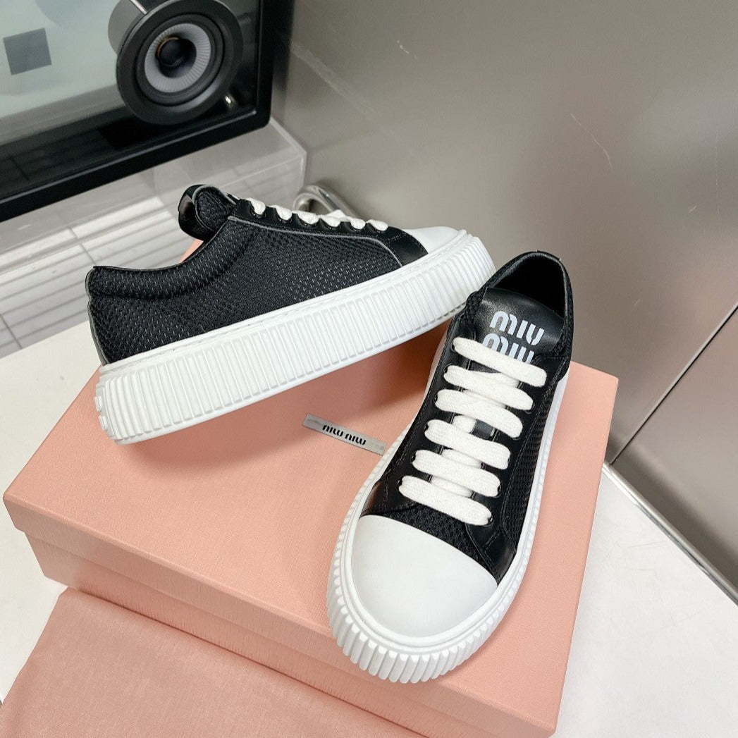 SNEAKERS THICK-SOLED BLACK MESH COWHIDE