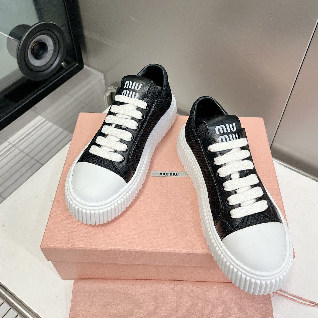 SNEAKERS THICK-SOLED BLACK MESH COWHIDE