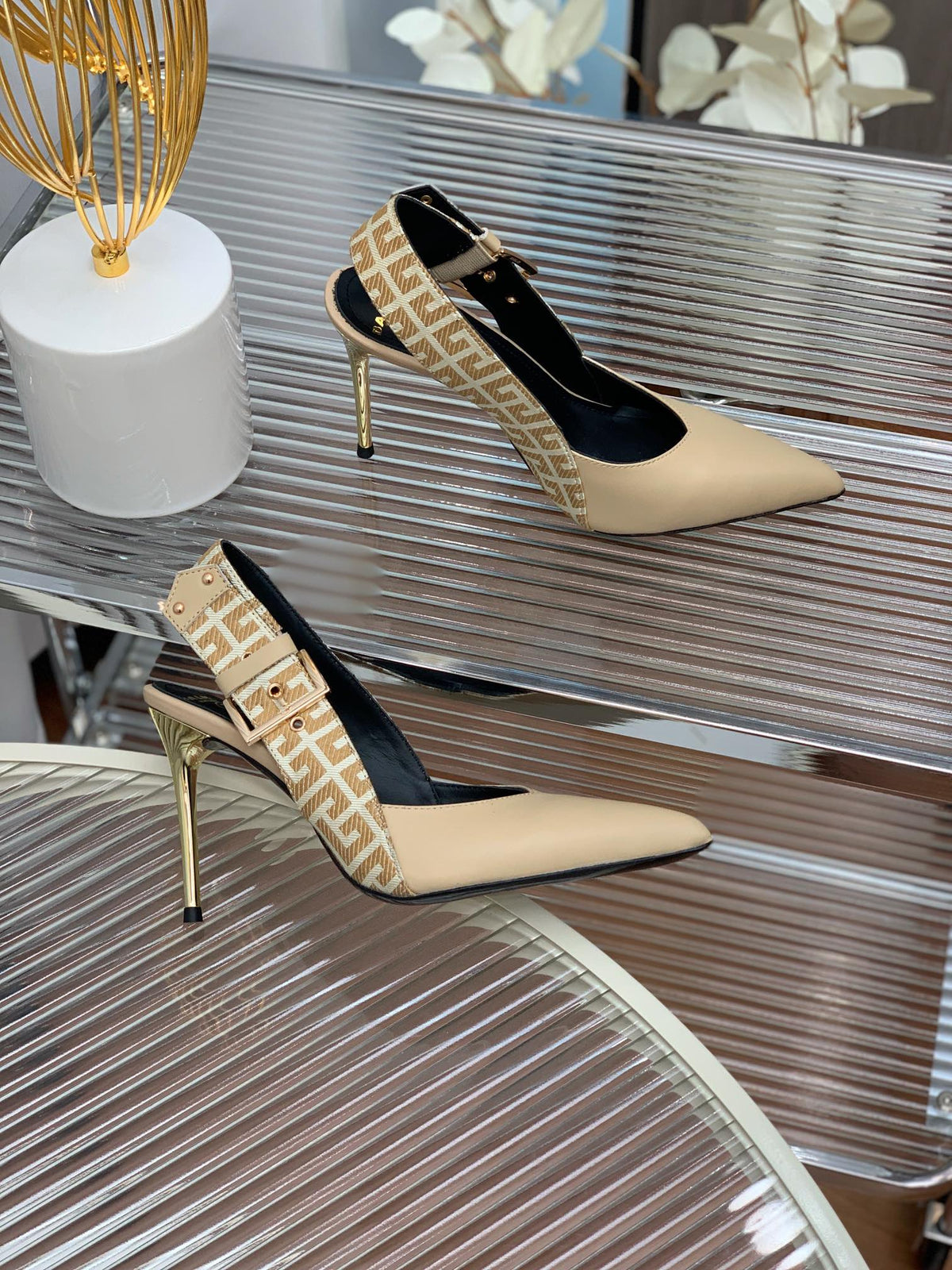 BALMAIN 25S SLINGBACK SHOES 95MM IN LIGHT BROWN CALFSKIN