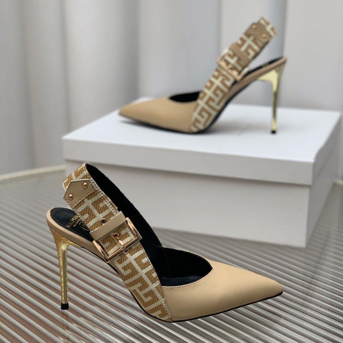BALMAIN 25S SLINGBACK SHOES 95MM IN LIGHT BROWN CALFSKIN