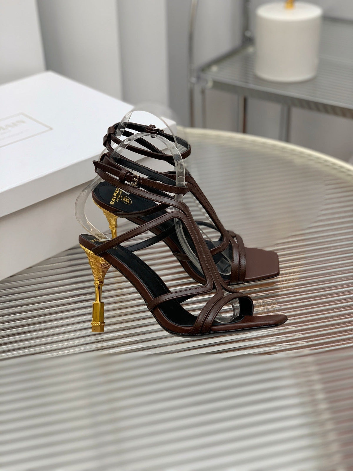 BALMAIN 25S MONETA SANDAL 95MM IN DARK BROWN CALFSKIN