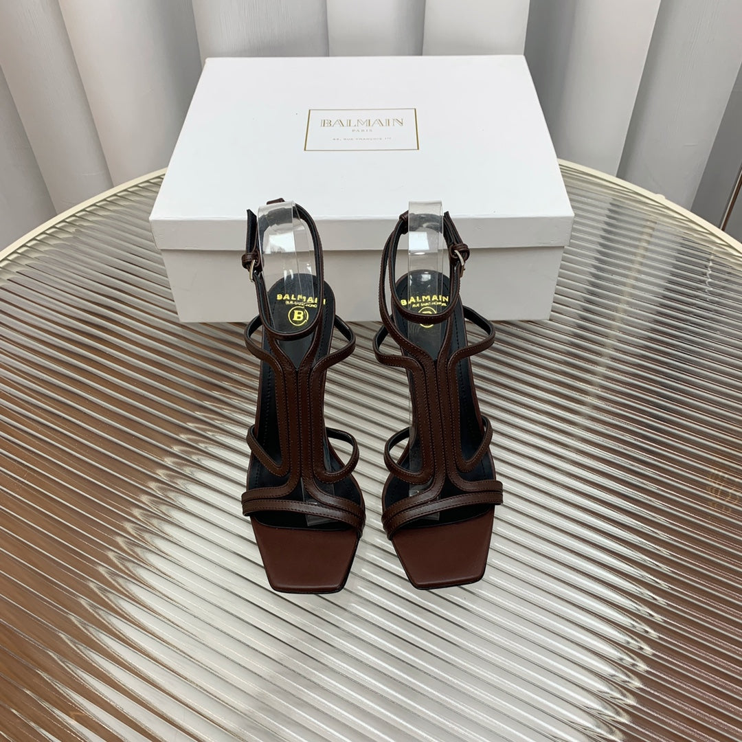 BALMAIN 25S MONETA SANDAL 95MM IN DARK BROWN CALFSKIN