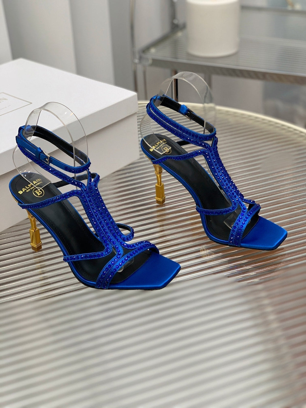 BALMAIN 25S MONETA SANDAL 95MM IN DARK BLUE CALFSKIN WITH CRYSTAL