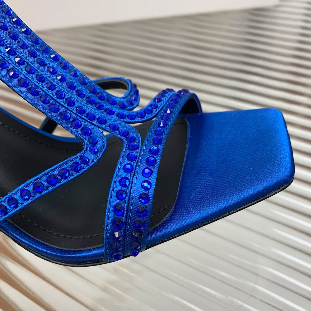 BALMAIN 25S MONETA SANDAL 95MM IN DARK BLUE CALFSKIN WITH CRYSTAL