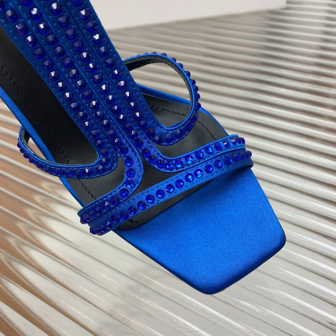 BALMAIN 25S MONETA SANDAL 95MM IN DARK BLUE CALFSKIN WITH CRYSTAL