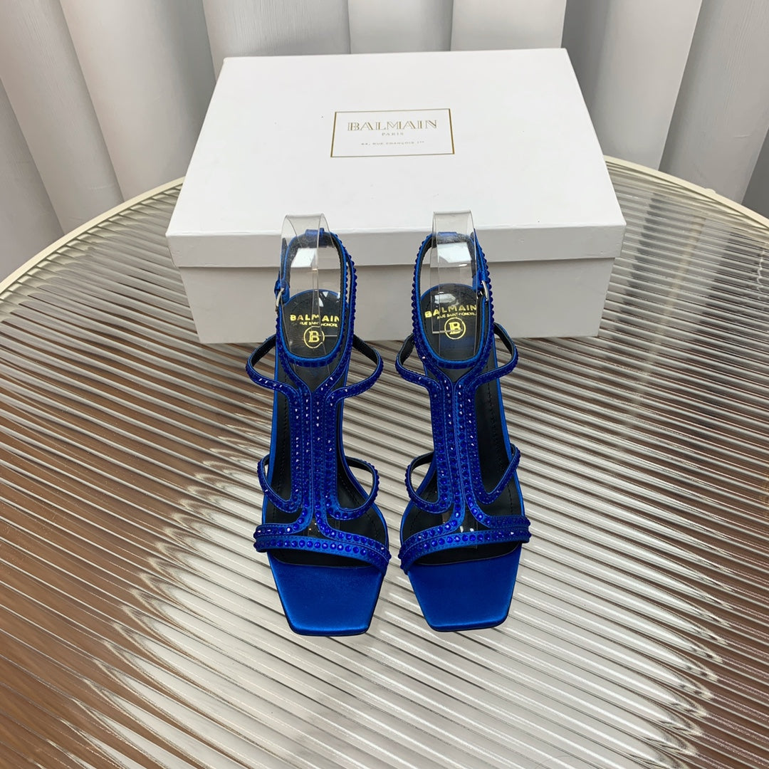 BALMAIN 25S MONETA SANDAL 95MM IN DARK BLUE CALFSKIN WITH CRYSTAL