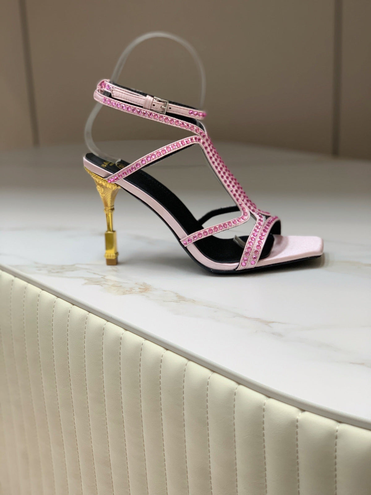 BALMAIN 25S MONETA SANDAL 95MM IN LAVENDER PINK CALFSKIN WITH CRYSTAL