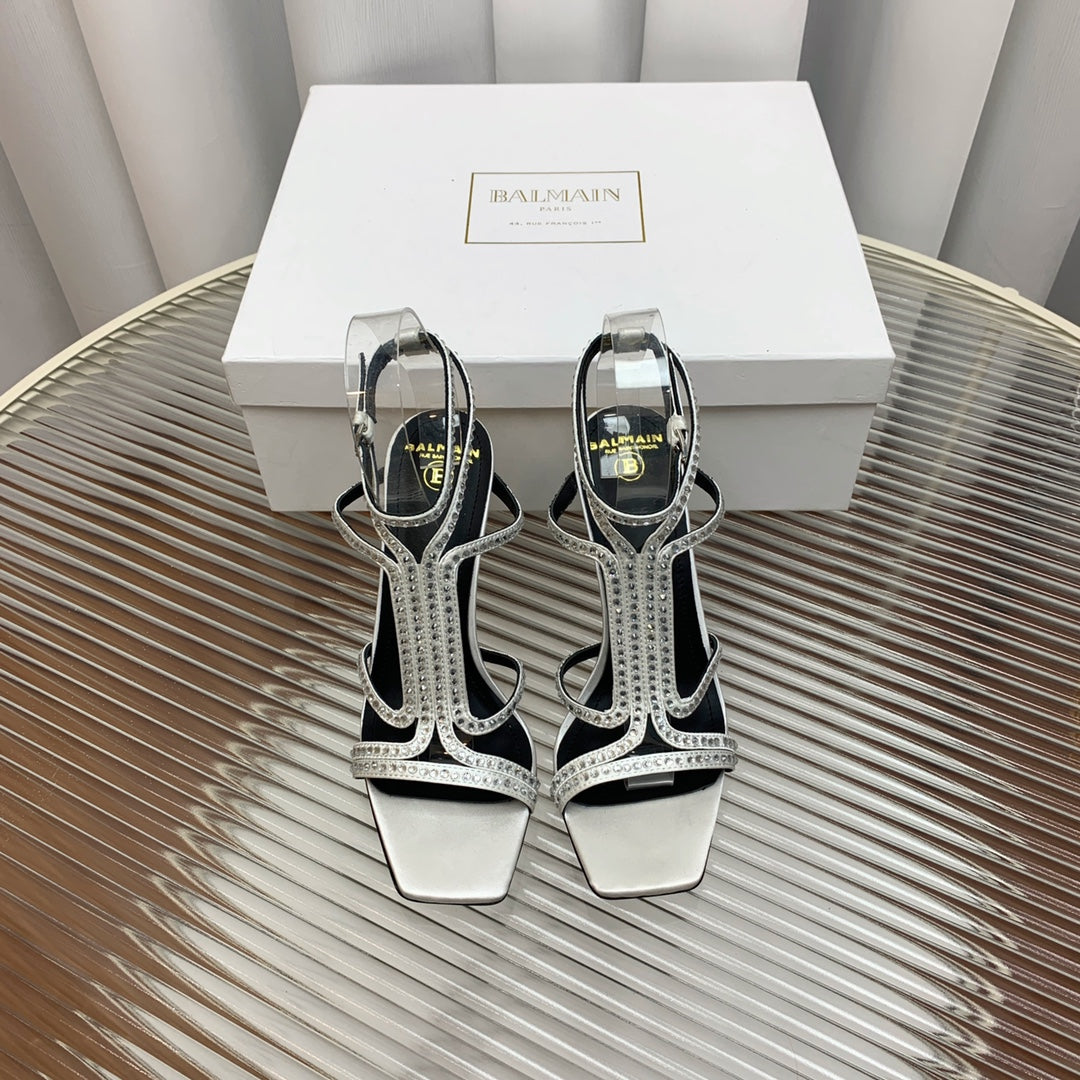 BALMAIN 25S MONETA SANDAL 95MM IN SILVER CALFSKIN WITH CRYSTAL