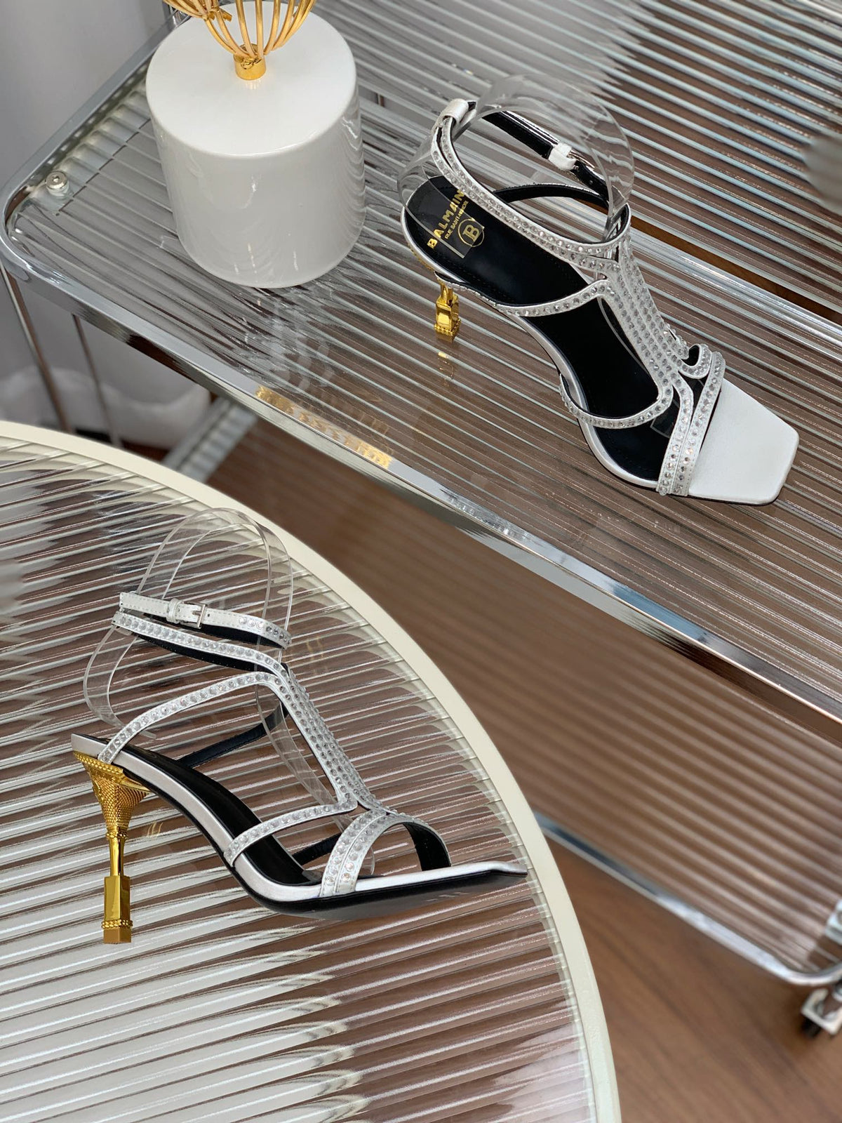 BALMAIN 25S MONETA SANDAL 95MM IN SILVER CALFSKIN WITH CRYSTAL