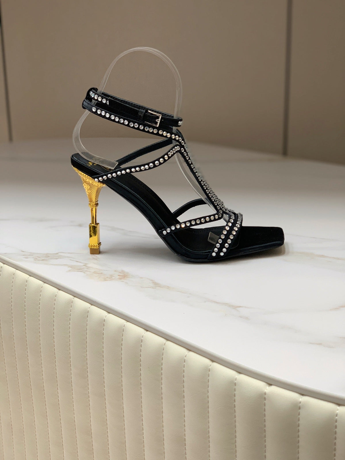 BALMAIN 25S MONETA SANDAL 95MM IN BLACK CALFSKIN WITH CRYSTAL