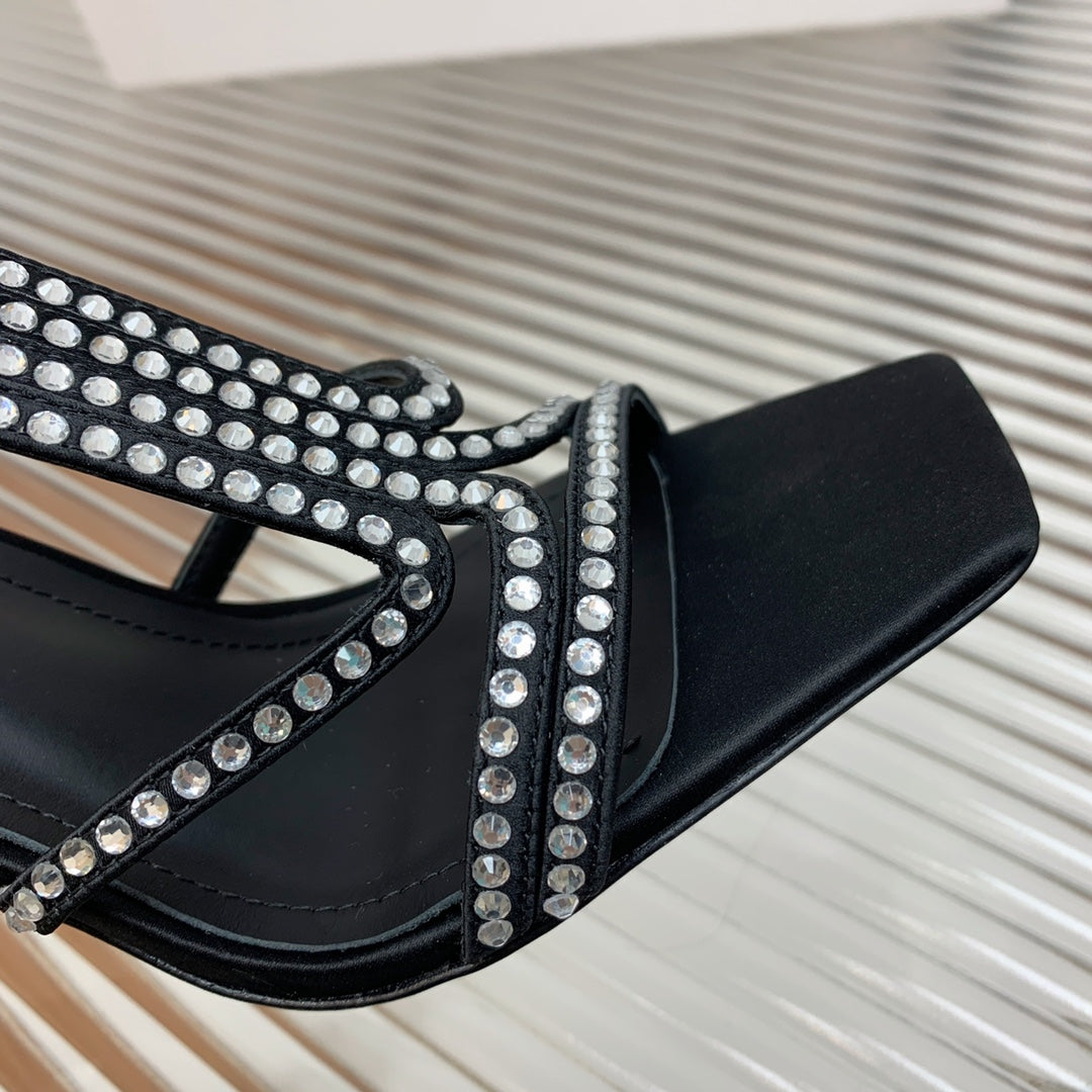 BALMAIN 25S MONETA SANDAL 95MM IN BLACK CALFSKIN WITH CRYSTAL