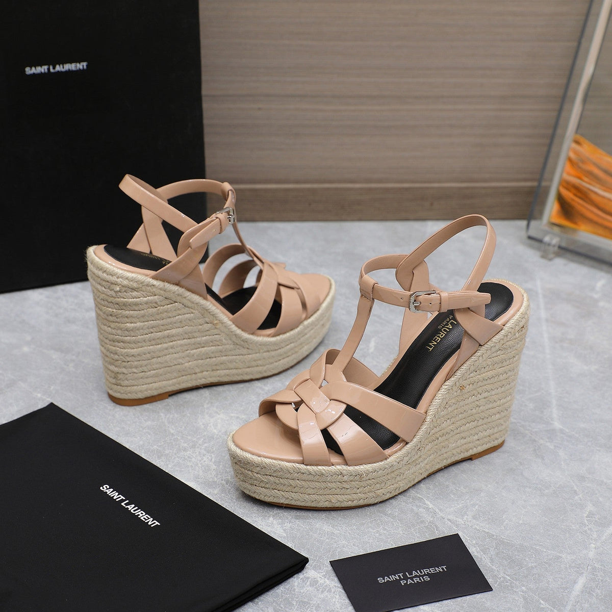 SL TRIBUTE WEDGE SANDALS PINK NUDE POLISHED CALFSKIN