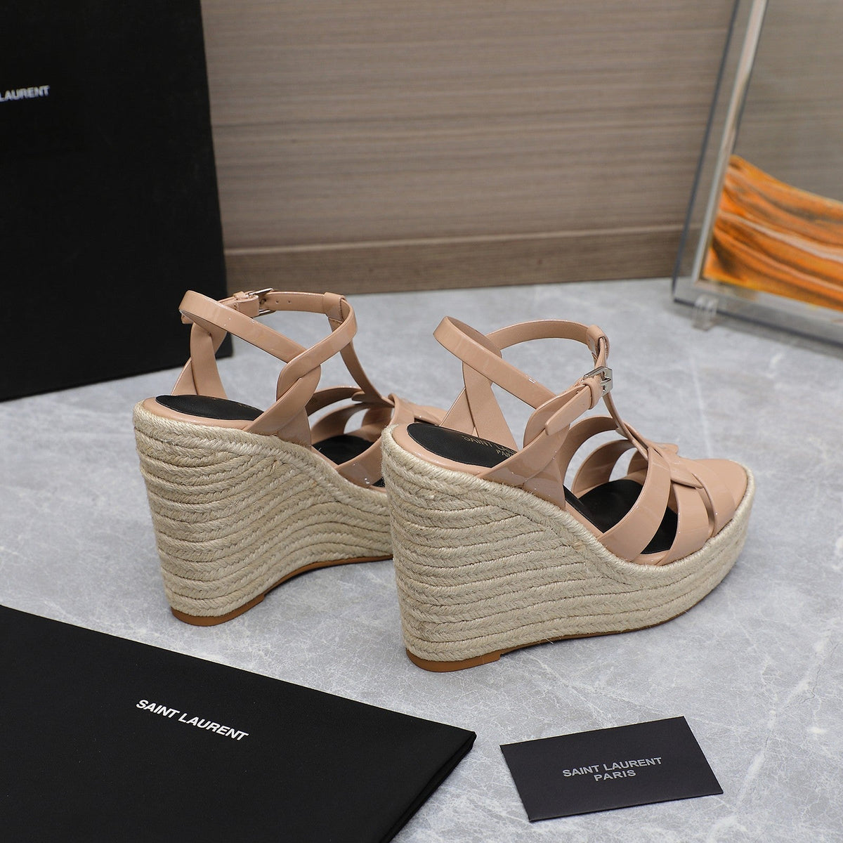 SL TRIBUTE WEDGE SANDALS PINK NUDE POLISHED CALFSKIN