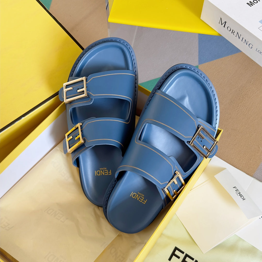 FENDI BAGUETTE DAD SANDALS IN CERULEAN BLUE CALFSKIN