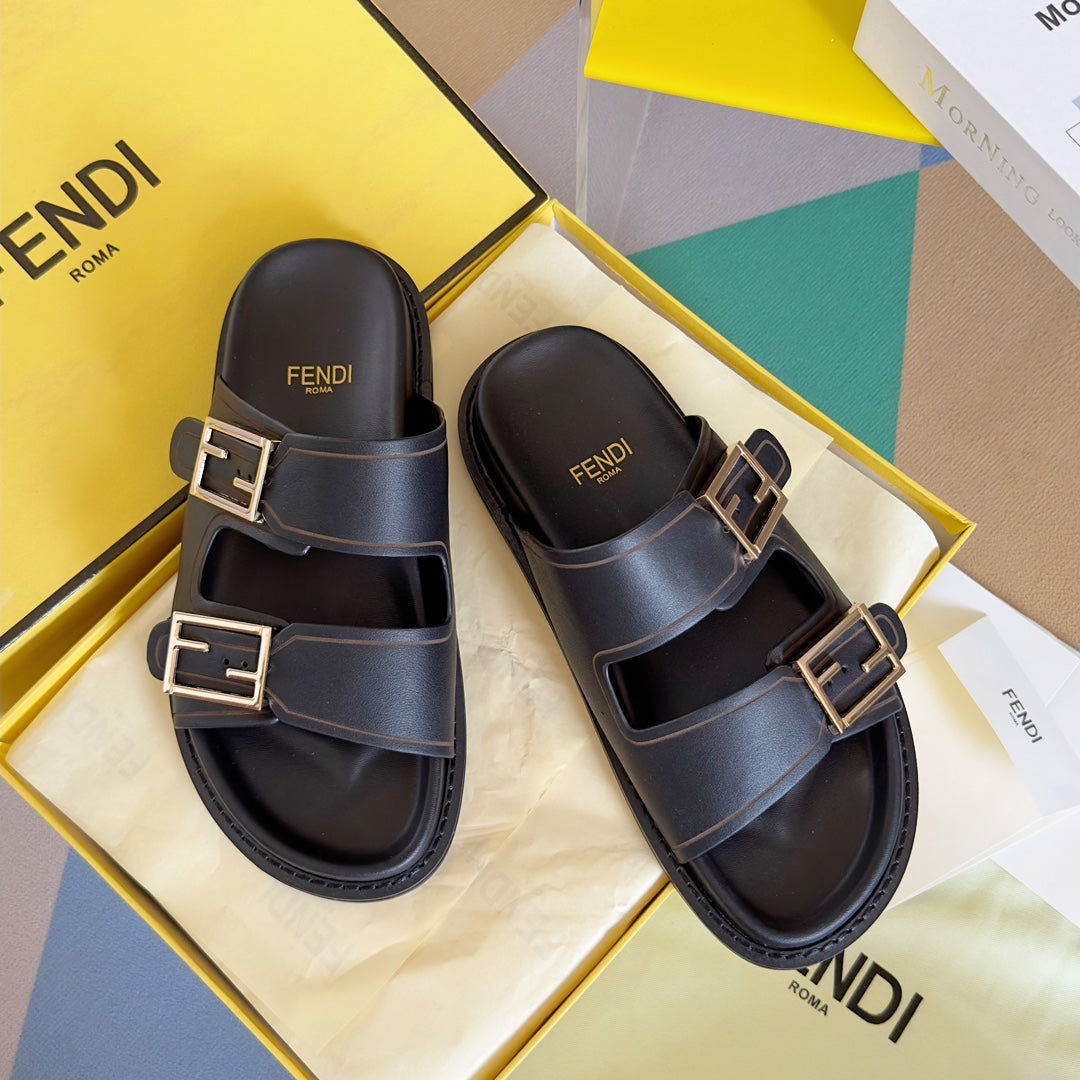 FENDI BAGUETTE DAD SANDALS IN BLACK CALFSKIN WITH GOLD HARDWARE