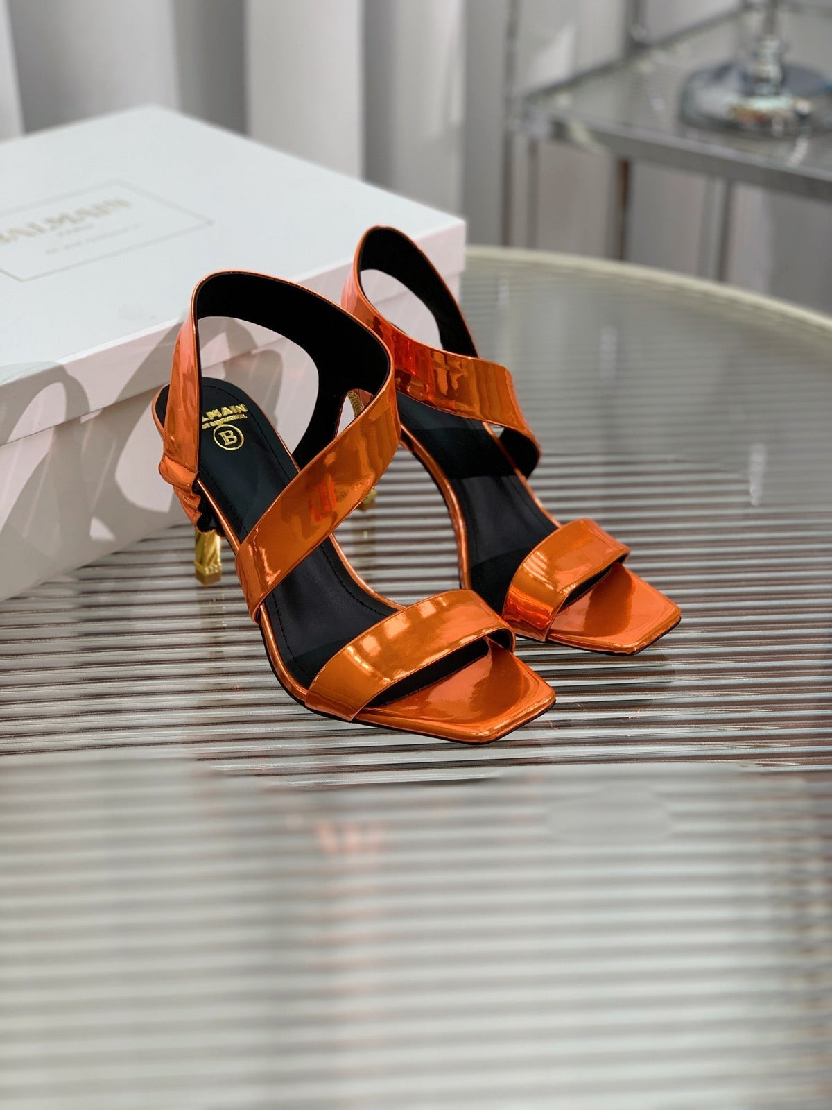 BALMAIN 25S HIGH HEEL SANDALS 95MM IN BURNT ORANGE GLOSSY CALFSKIN