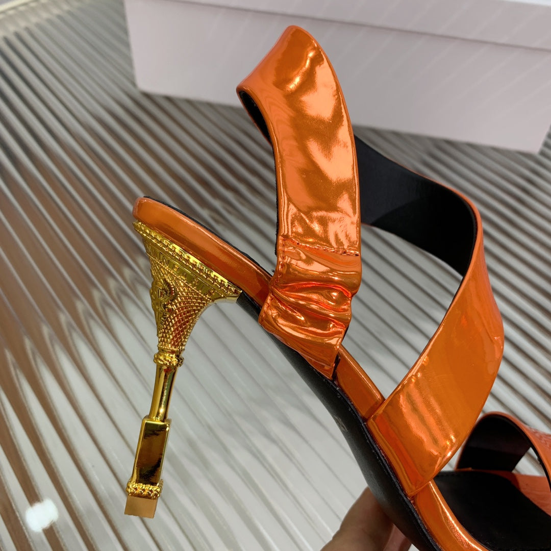 BALMAIN 25S HIGH HEEL SANDALS 95MM IN BURNT ORANGE GLOSSY CALFSKIN