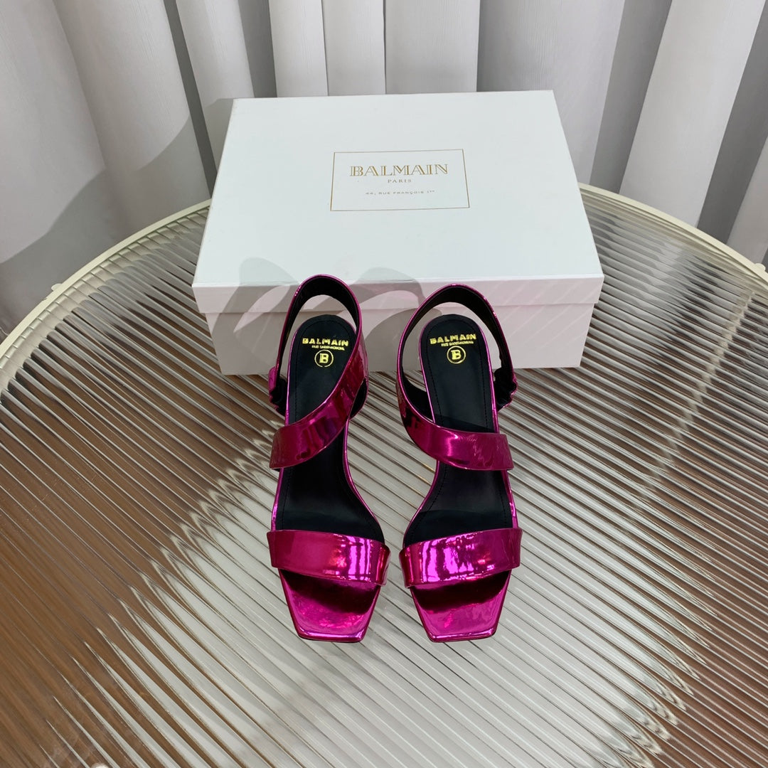 BALMAIN 25S HIGH HEEL SANDALS 95MM IN MAGENTA GLOSSY CALFSKIN