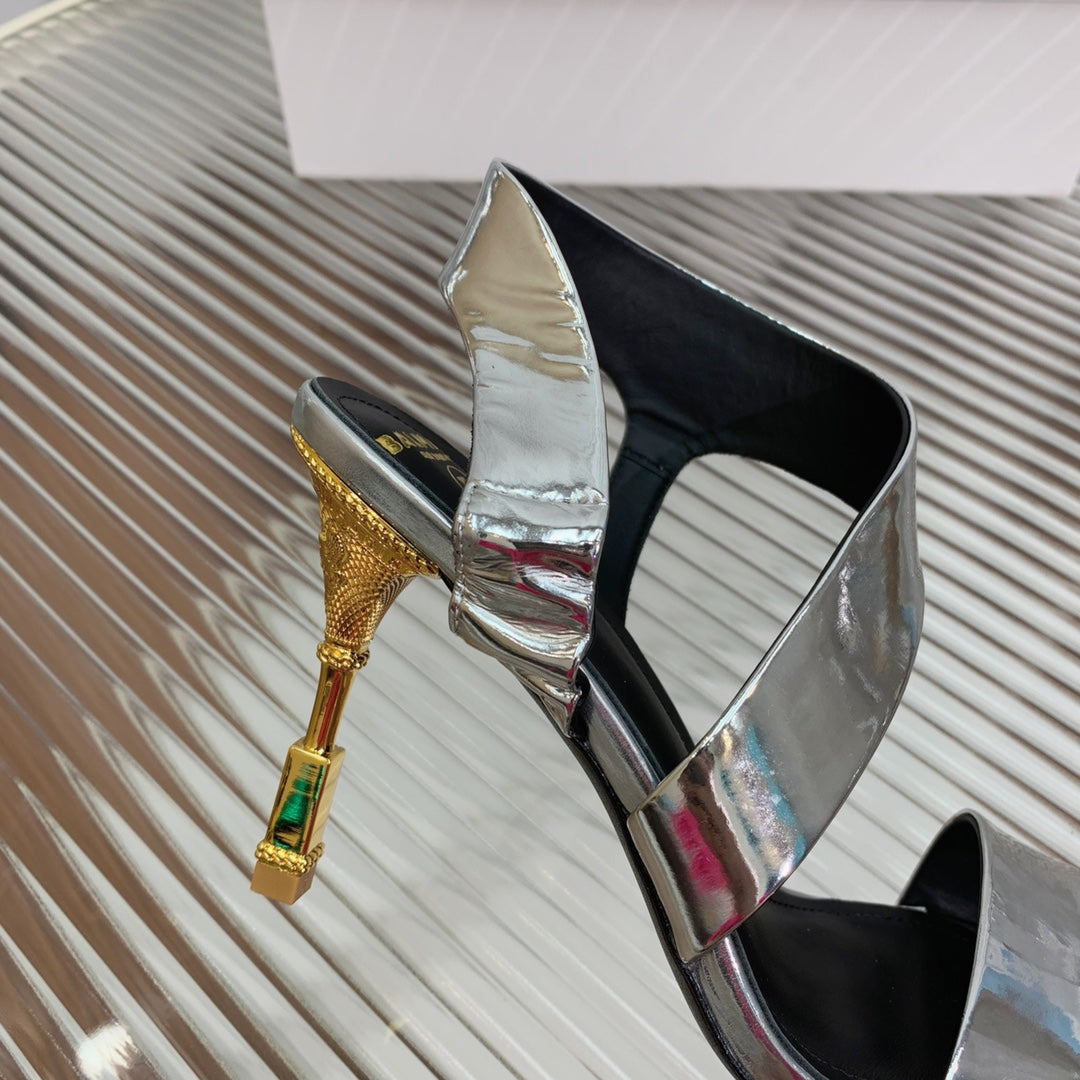 BALMAIN 25S HIGH HEEL SANDALS 95MM IN SILVER GLOSSY CALFSKIN