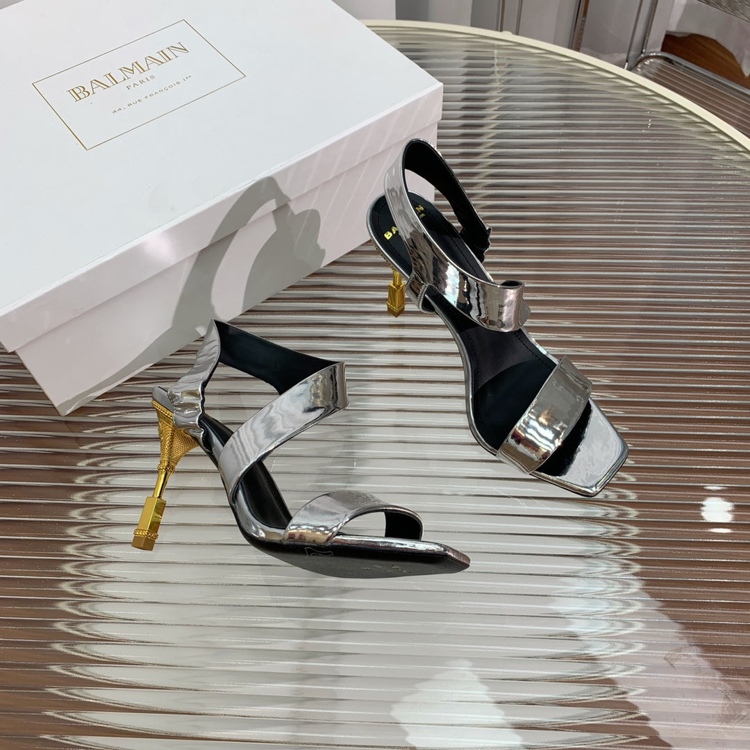 BALMAIN 25S HIGH HEEL SANDALS 95MM IN SILVER GLOSSY CALFSKIN