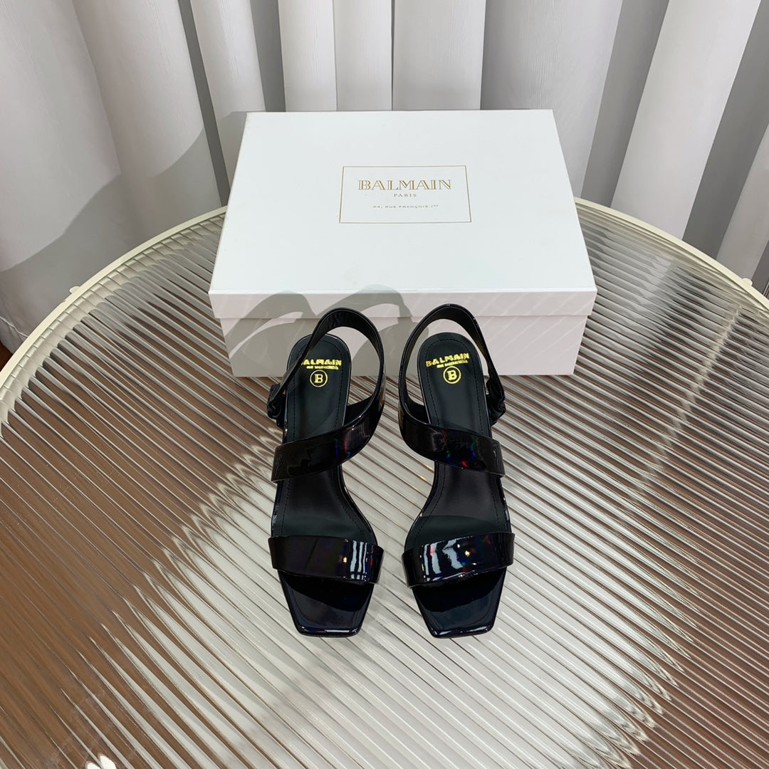 BALMAIN 25S HIGH HEEL SANDALS 95MM IN BLACK GLOSSY CALFSKIN