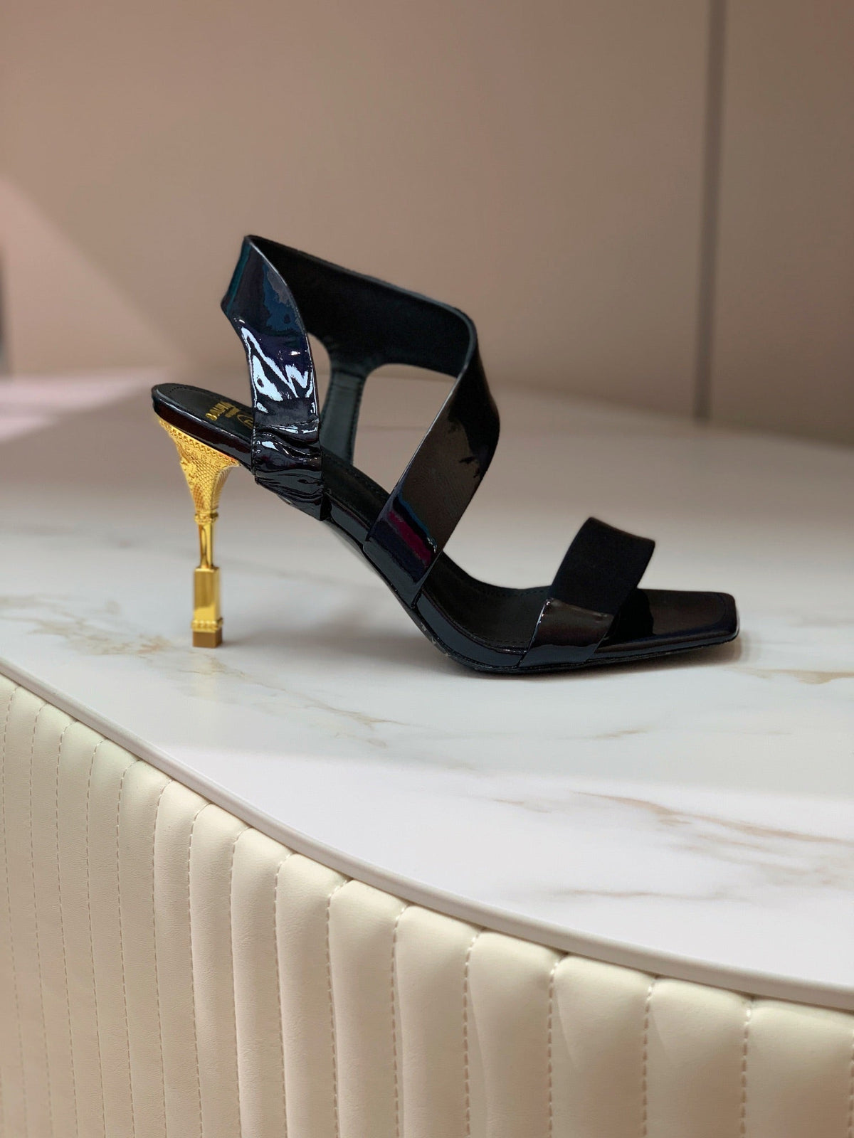 BALMAIN 25S HIGH HEEL SANDALS 95MM IN BLACK GLOSSY CALFSKIN