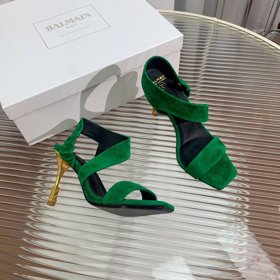 BALMAIN 25S HIGH HEEL SANDALS 95MM IN DARK GREEN SUEDE