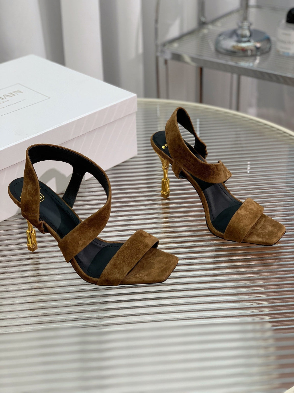 BALMAIN 25S HIGH HEEL SANDALS 95MM IN BROWN SUEDE