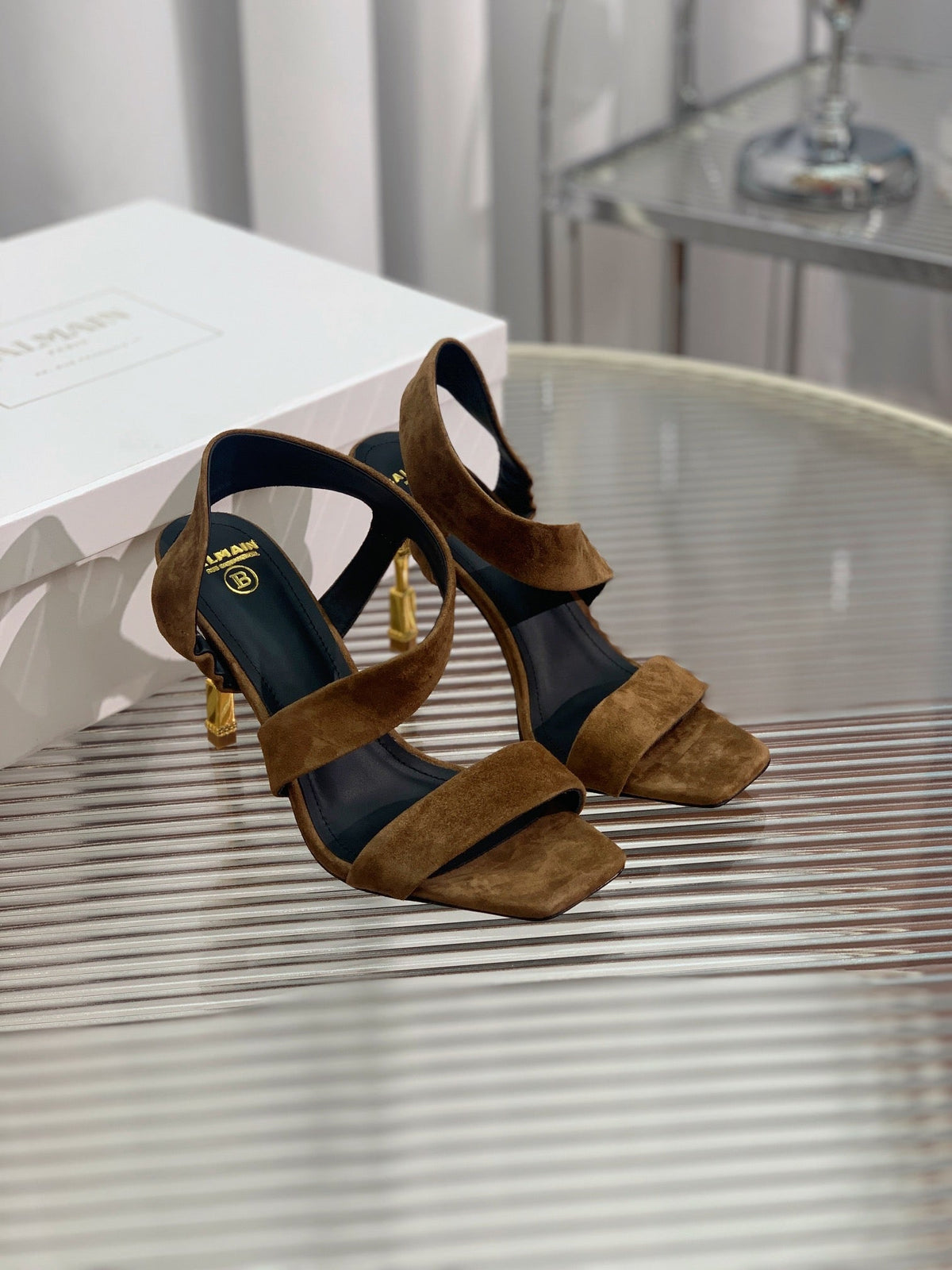 BALMAIN 25S HIGH HEEL SANDALS 95MM IN BROWN SUEDE