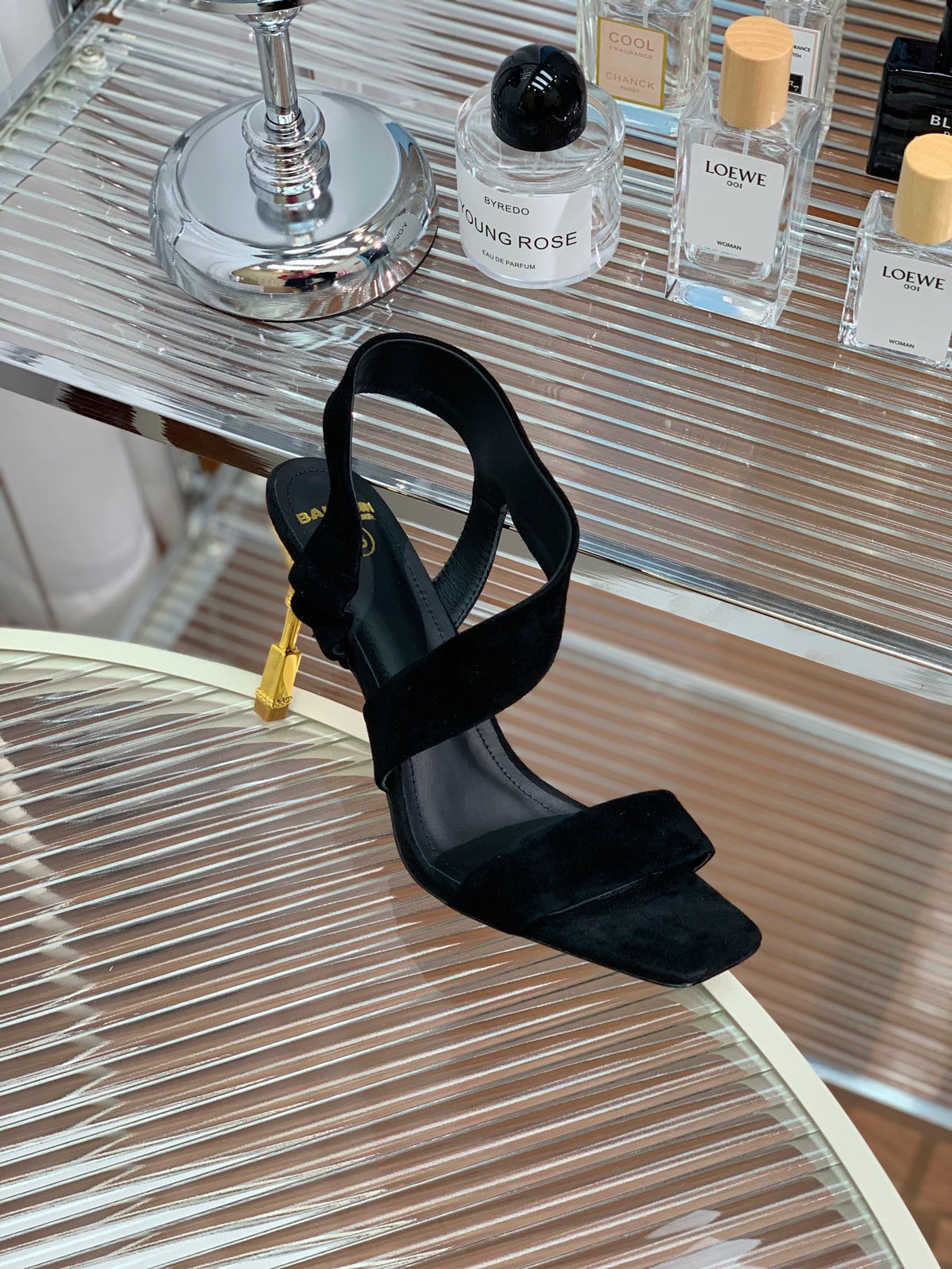 BALMAIN 25S HIGH HEEL SANDALS 95MM IN BLACK SUEDE