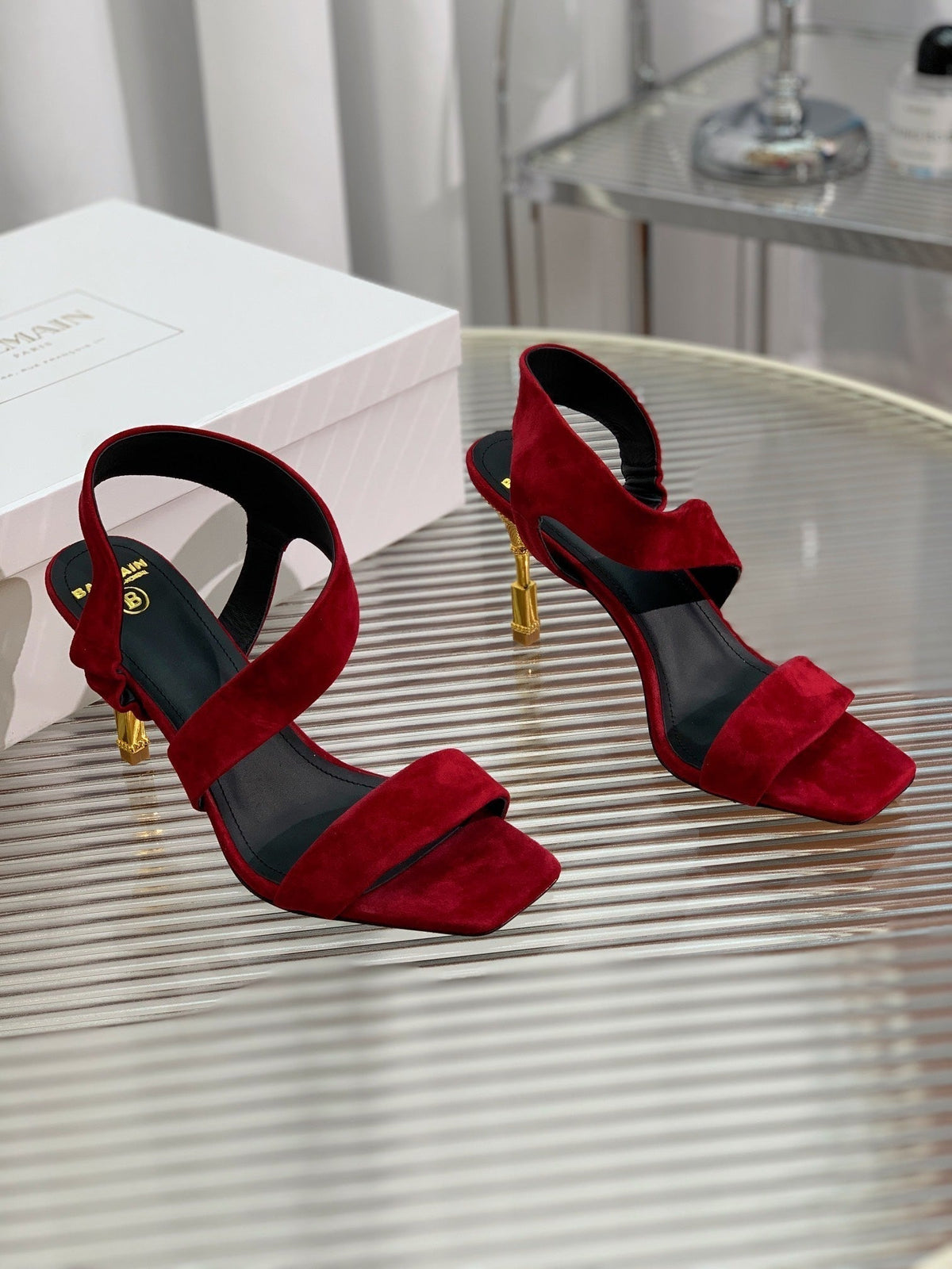 BALMAIN 25S HIGH HEEL SANDALS 95MM IN DARK CRIMSON SUEDE