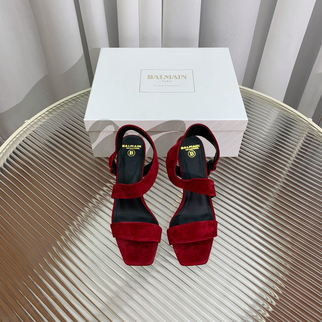 BALMAIN 25S HIGH HEEL SANDALS 95MM IN DARK CRIMSON SUEDE