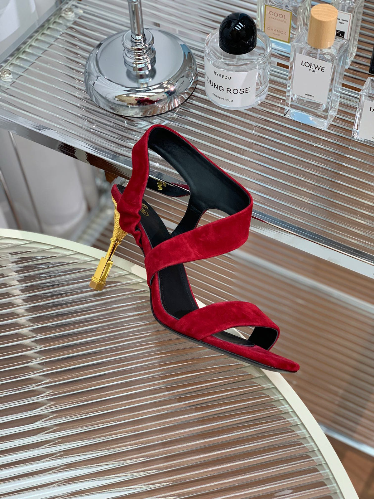 BALMAIN 25S HIGH HEEL SANDALS 95MM IN DARK CRIMSON SUEDE