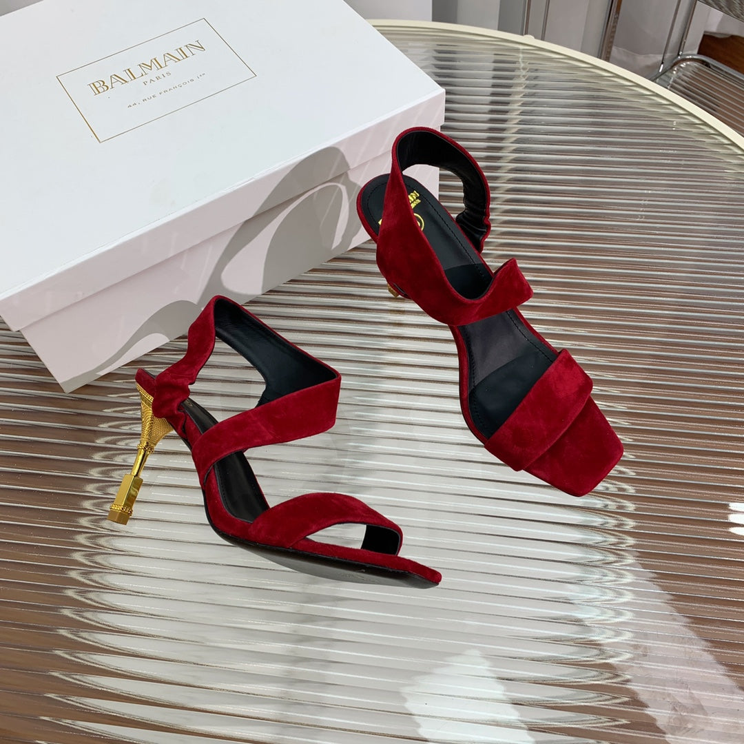 BALMAIN 25S HIGH HEEL SANDALS 95MM IN DARK CRIMSON SUEDE