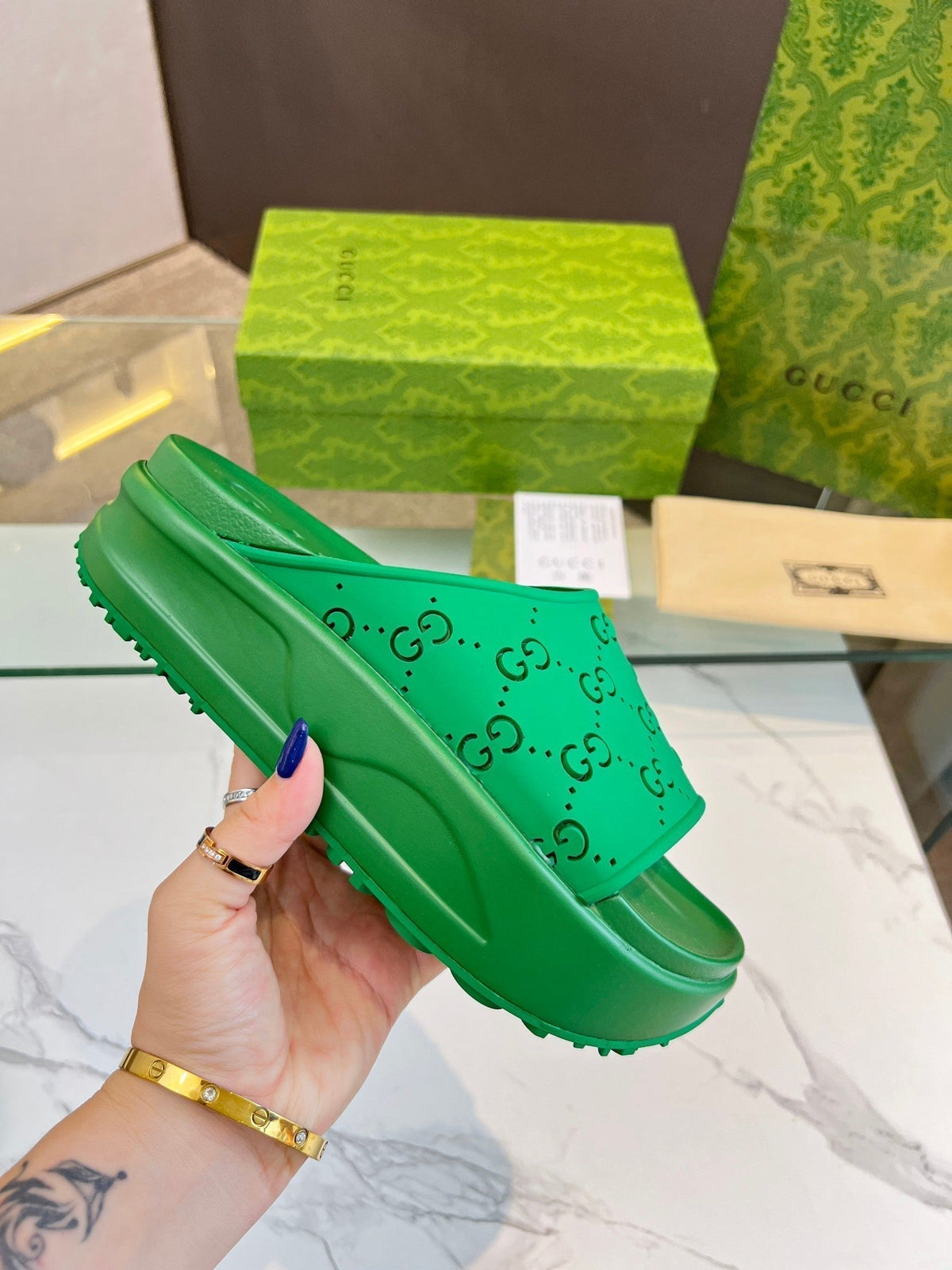 PLATFORM SANDALS IN EMERALD GREEN MONOGRAM IMPORTED TPU