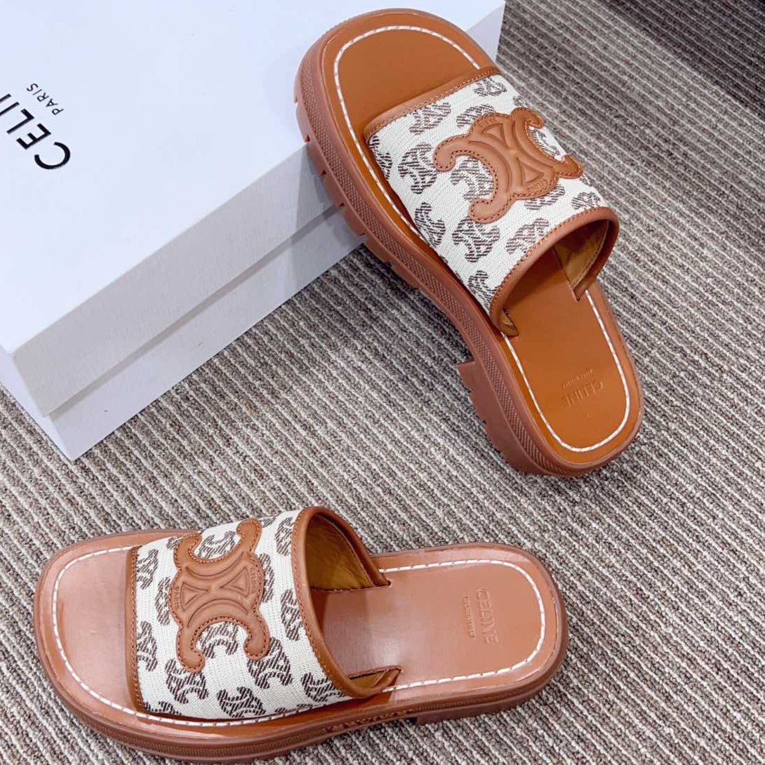 LEA TRIOMPHE PLATFORM SLIDES WOMEN VEGETABLE TANNED CALFSKIN BROWN/WHITE