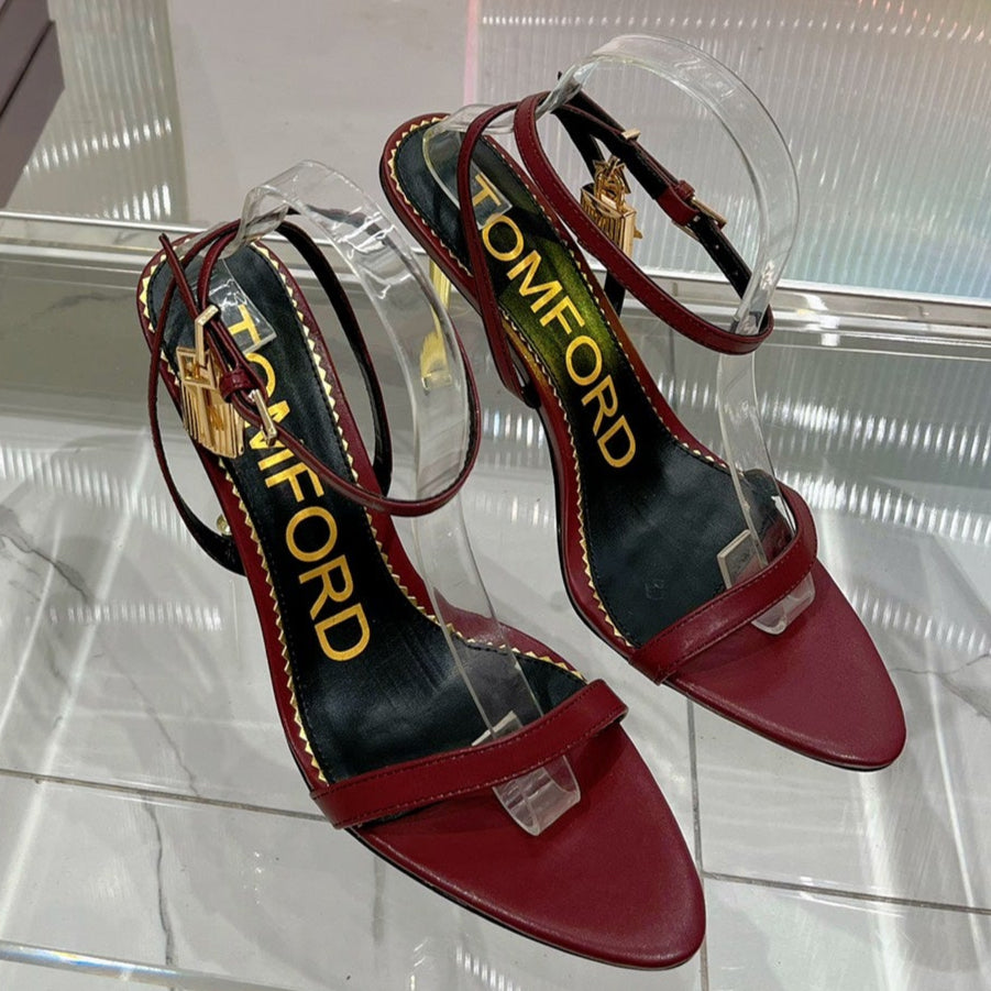 PADLOCK HIGH HEEL 10 CM SANDAL IN CURRANT RED SHEEPSKIN
