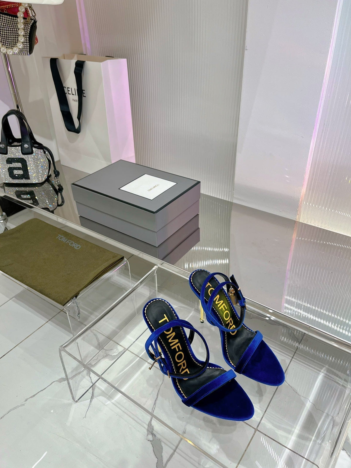 PADLOCK HIGH HEEL 10 CM SANDAL IN NAVY BLUE VELVET