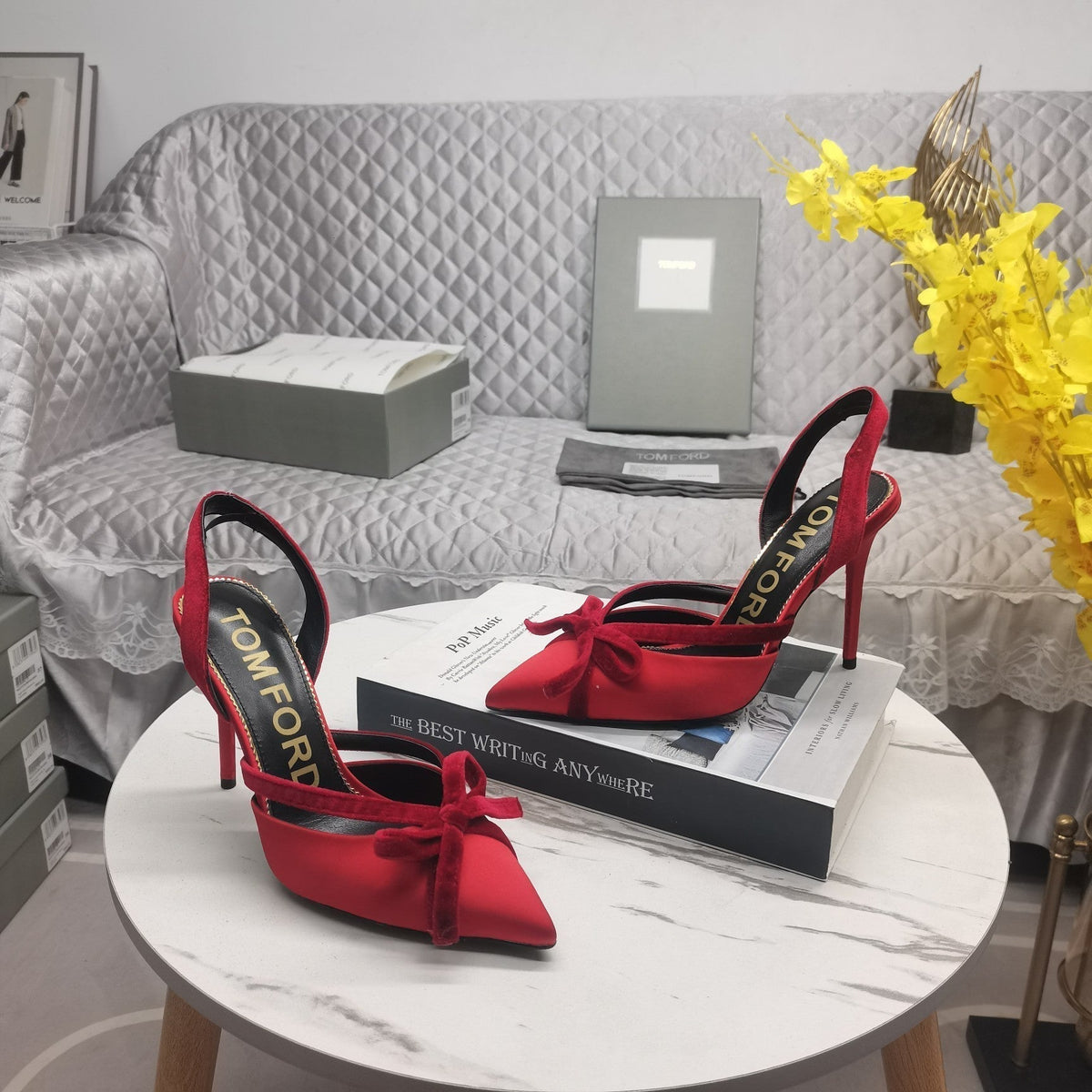 SLINGBACK PUMPS 10 CM IN CHERRY RED SILK AND SUEDE