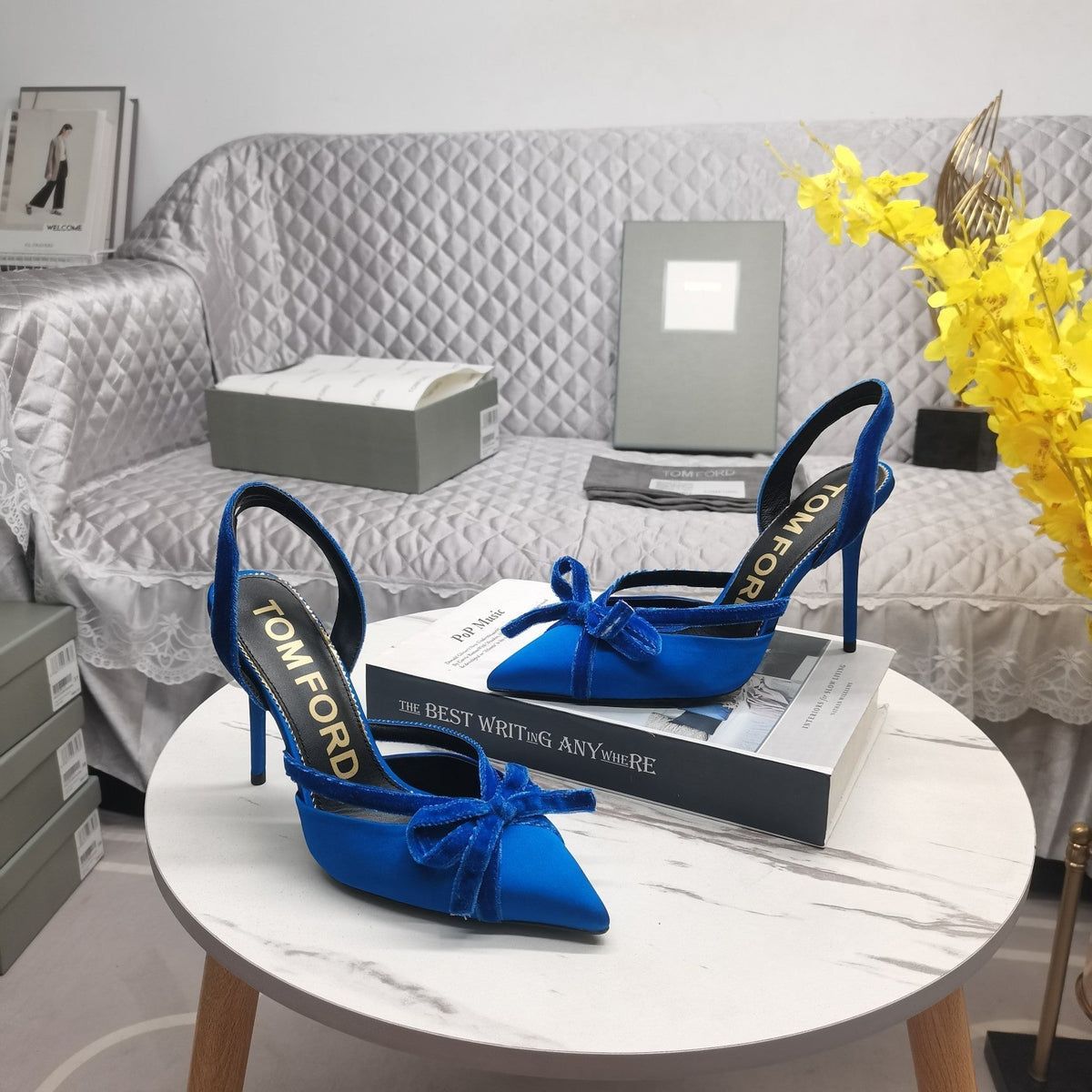 SLINGBACK PUMPS 10 CM IN COBALT BLUE SILK AND SUEDE