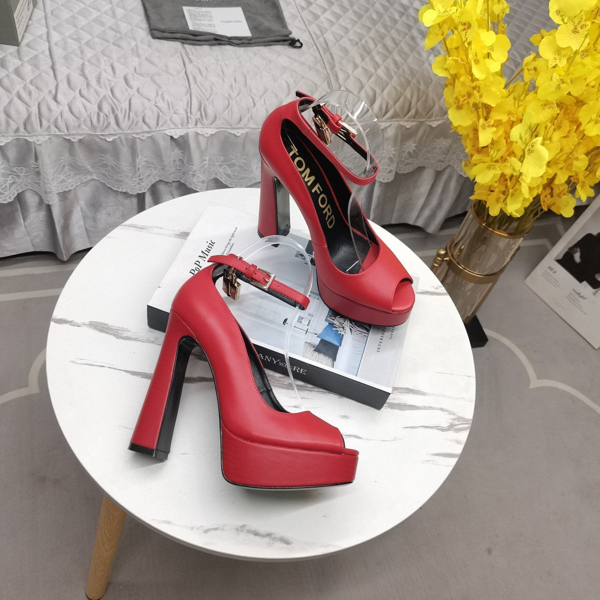 PADLOCK PLATFORM PEEP TOE PUMP 14 CM IN RUBY RED CALFSKIN