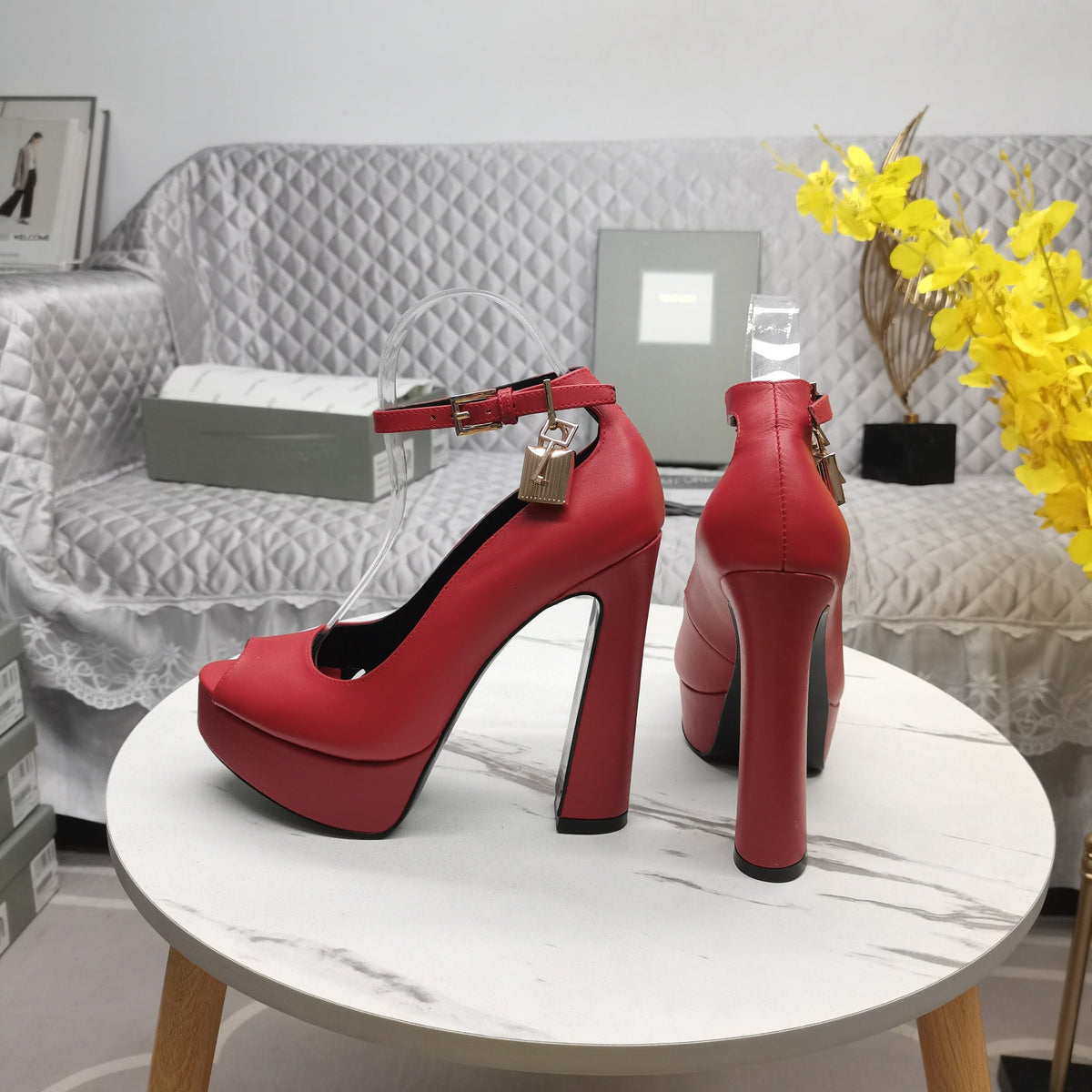 PADLOCK PLATFORM PEEP TOE PUMP 14 CM IN RUBY RED CALFSKIN