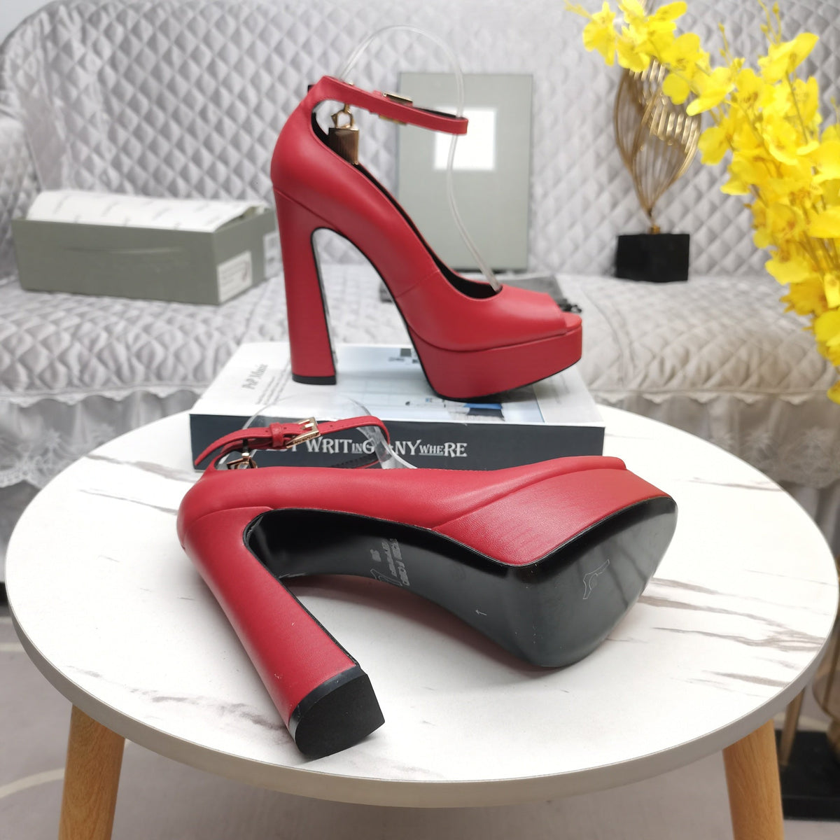 PADLOCK PLATFORM PEEP TOE PUMP 14 CM IN RUBY RED CALFSKIN