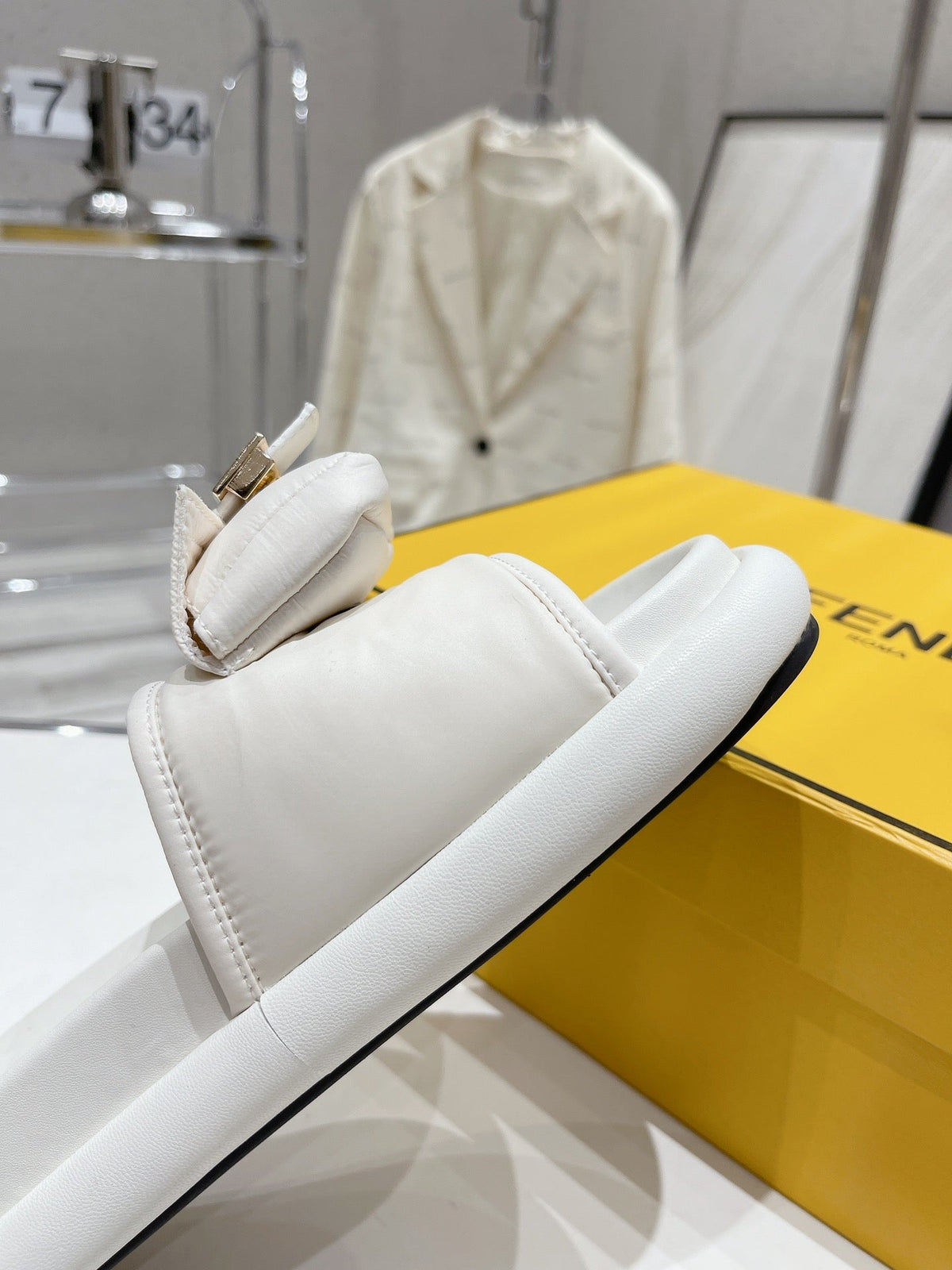 FENDI BAGUETTE SLIPPERS IN WHITE LAMBSKIN WITH GOLD HARDWARE