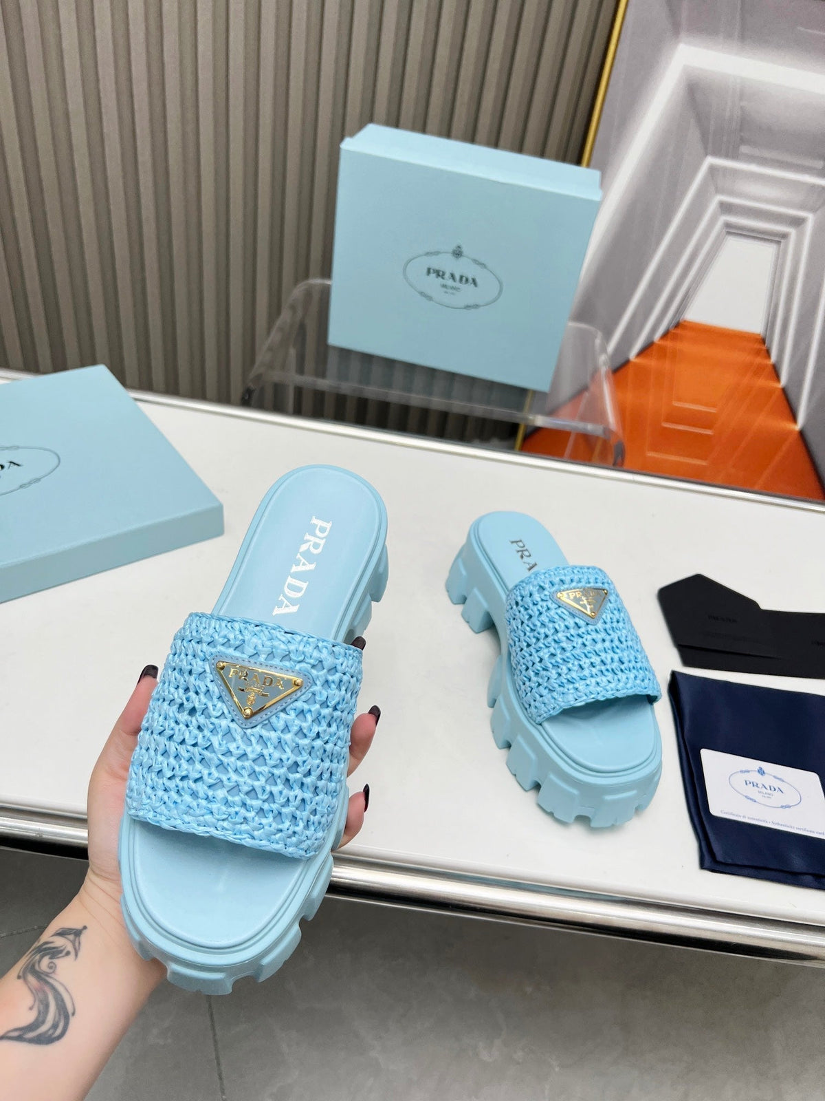 PRA THICK-SOLED CROCHET SANDALS SKY WOVEN FABRIC