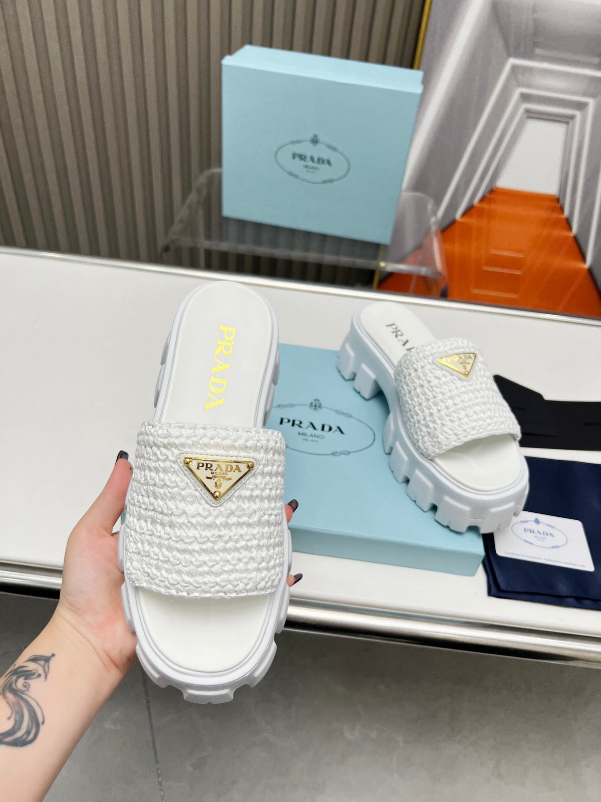 PRA THICK-SOLED CROCHET SANDALS WHITE WOVEN FABRIC