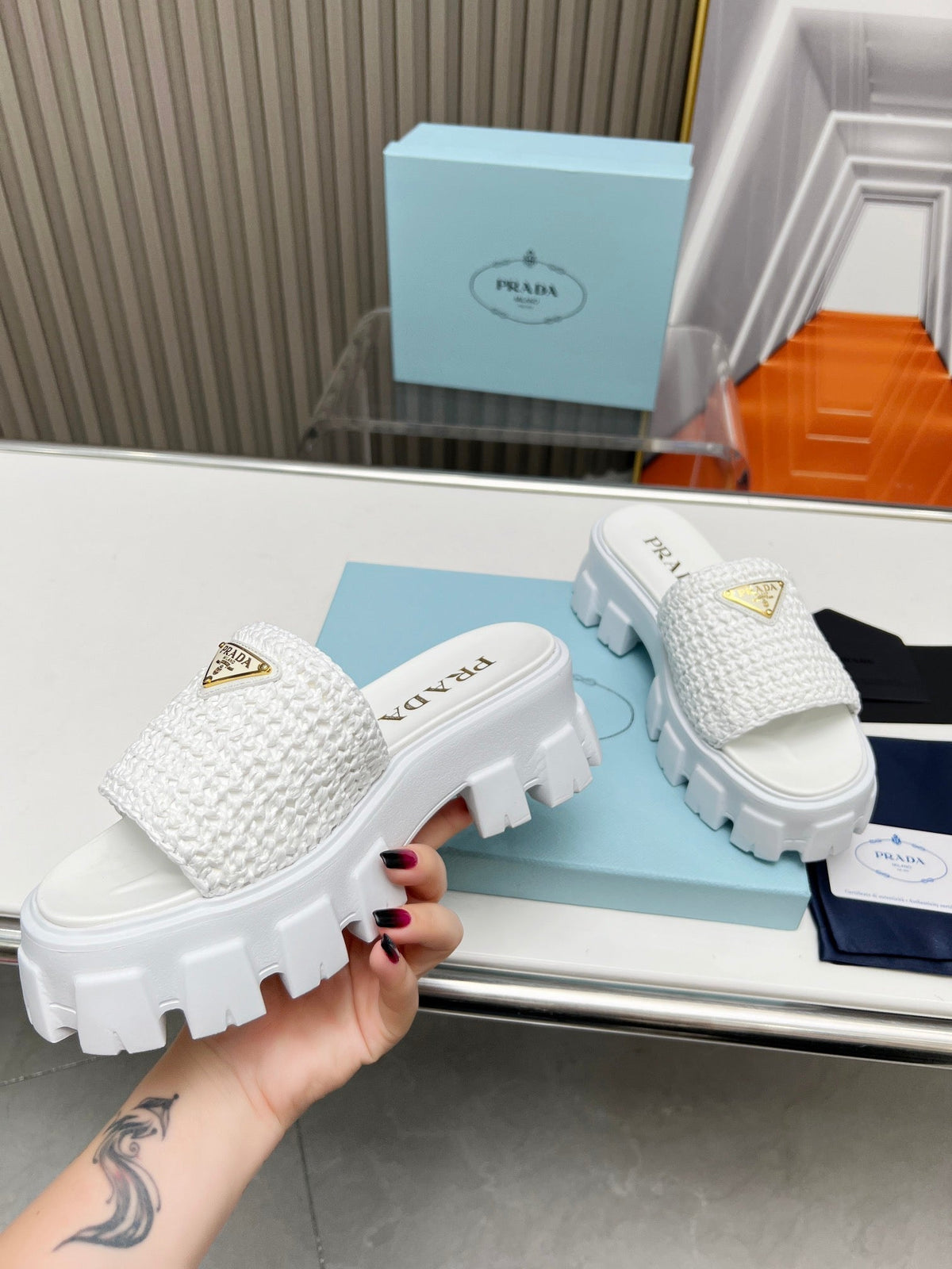 PRA THICK-SOLED CROCHET SANDALS WHITE WOVEN FABRIC