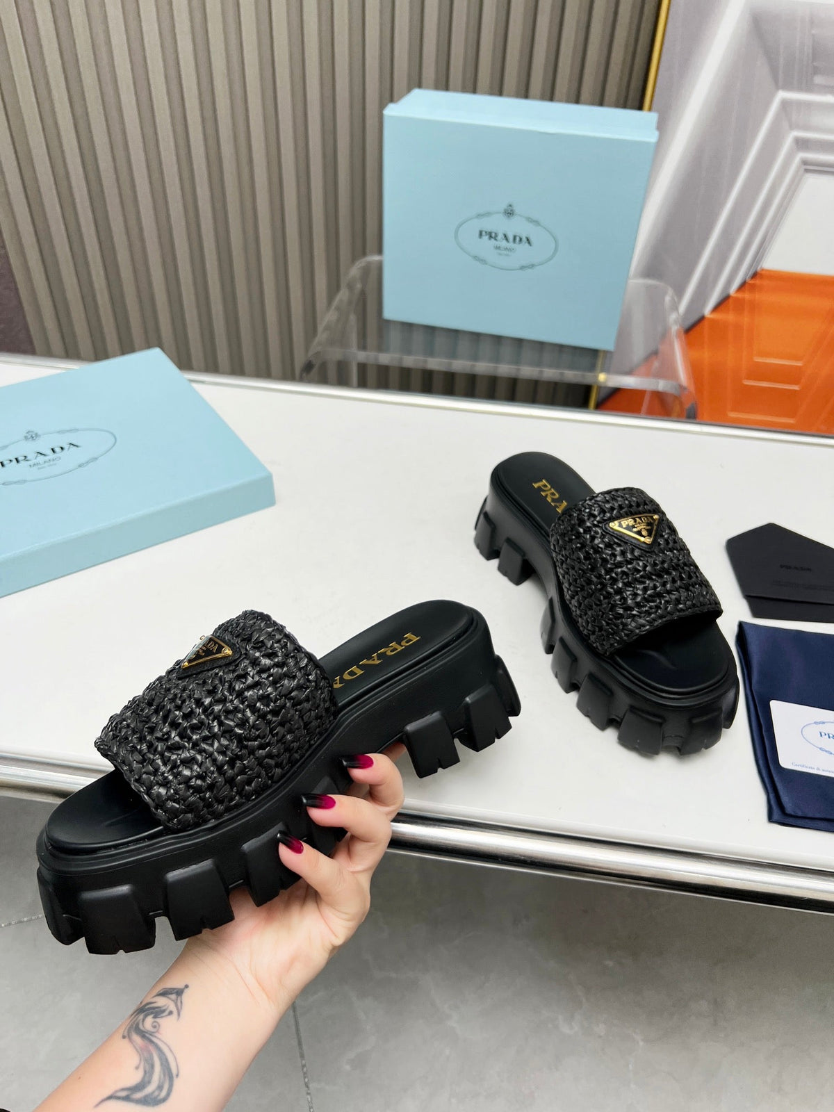 PRA THICK-SOLED CROCHET SANDALS BLACK WOVEN FABRIC
