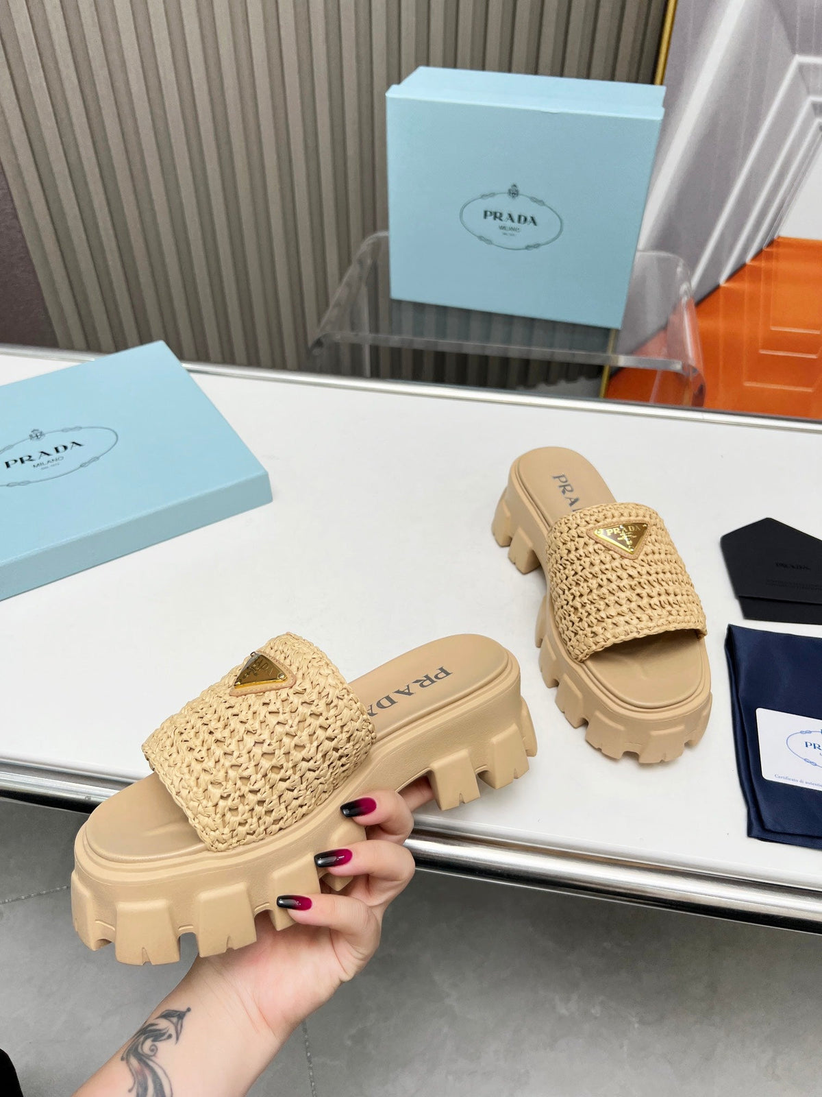 PRA THICK-SOLED CROCHET SANDALS BEIGE WOVEN FABRIC