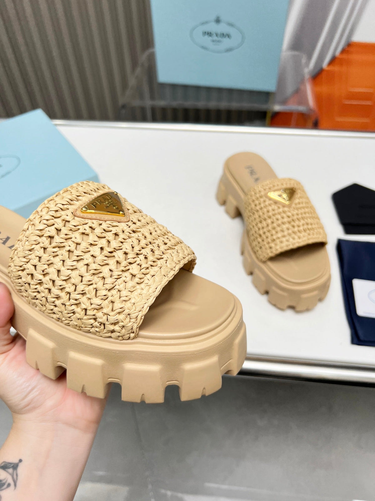 PRA THICK-SOLED CROCHET SANDALS BEIGE WOVEN FABRIC